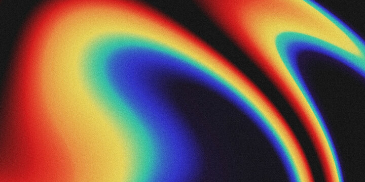 Vibrant grainy abstract background with smooth, rainbow gradient fluid curves, set against a dark black backdrop.