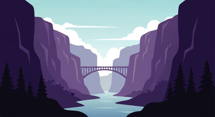 Vector flat design illustration of a majestic bridge spanning a deep canyon with a flowing river © DevanAlfaris