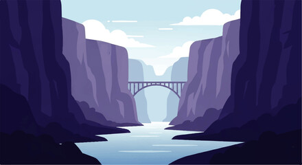 Vector flat design illustration of a majestic bridge spanning a deep canyon with a flowing river below under a cloudy © DevanAlfaris