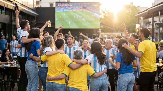 Begeisterte argentinische Fu&szlig;ballfans jubeln gemeinsam beim Public Viewing im Freien Fu&szlig;ball Weltmeisterschaft WM