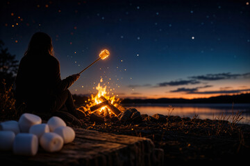Naklejka premium National Marshmallow Toasting Day toasted marshmallow over campfire at twilight with silhouette roasting marshmallow on stick glowing amber summer tradition August 30 cozy campfire ritual
