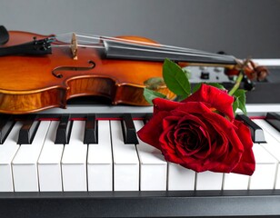 Fototapeta premium Red rose rests on piano keys with violin