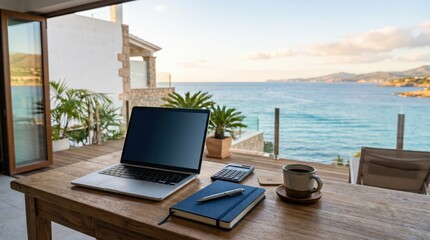 Fototapeta premium Laptop calculator blue notebook pen and coffee on wooden desk overlooking sea