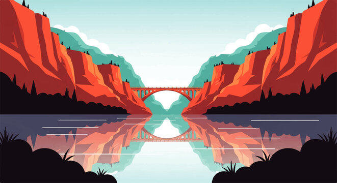 Vector flat design illustration of a scenic river canyon with a bridge and reflections on the water