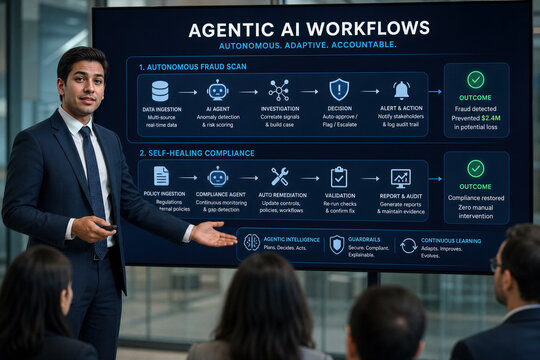 Businessman presenting agentic AI workflows autonomous fraud scan self healing compliance agentic AI workflows presentation in boardroom with security outcome metrics
