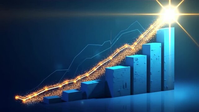 Dynamic 3D bar chart illustrating financial growth and upward success, symbolized by a sparkling trend line and glowing star. Perfect for business, investment, and analytics themes.