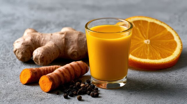 High quality photo of vibrant ginger turmeric wellness shot sits in small glass. Fresh ginger root, raw turmeric pieces, black peppercorns, orange slice surround natural detox drink.