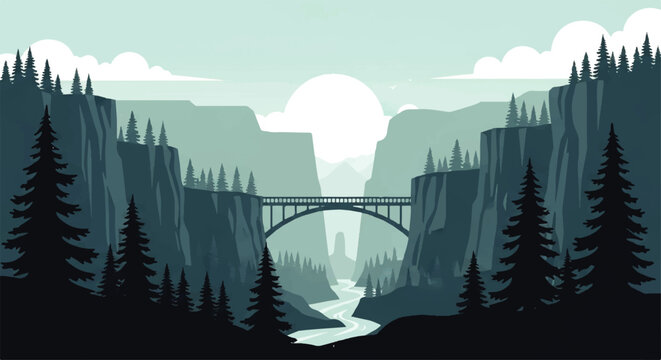 Vector flat design illustration of a majestic canyon landscape with a bridge spanning a river and evergreen trees