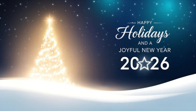 Happy holidays and joyful new year celebration greeting card with golden sparkle stars and snow mountains