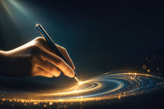 Left Hander's Day celebration left hand holding stylus drawing golden and deep blue luminous spiral abstract light on dark minimalist surface creative individuality August 13
