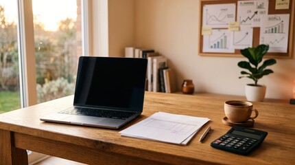 Fototapeta premium Wooden desk workspace with laptop calculator papers coffee and business charts
