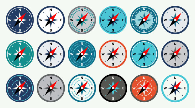 Collection of various colored compass icons.