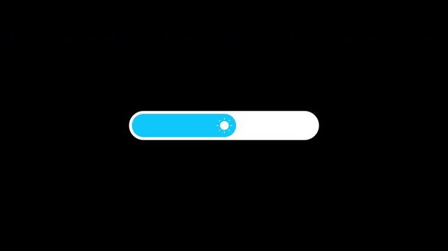 Brightness slider level control animation isolated on black background, showing a horizontal slider with sun symbol. 4K video