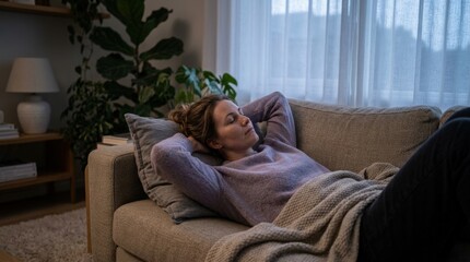 Obraz premium Woman Relaxing on Sofa with Eyes Closed and Blanket.