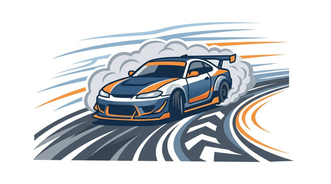 Drifting Sports Car on Race Track with Smoke.