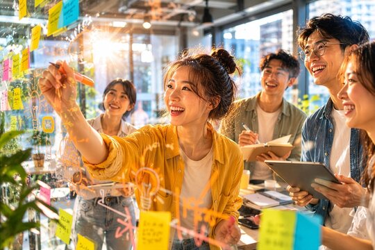 Creative Asian Startup Team Brainstorming Ideas on Glass Board in Modern Office