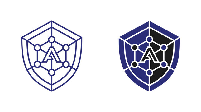 Two modern shield logos featuring the letter a with connected nodes inside a clean design