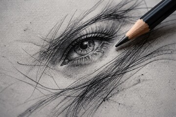 Obraz premium Macro view of pencil art on grainy gray canvas backdrop