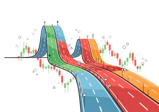 A stylized illustration of multicolored roads merging and diverging with stock market graphs in the background.