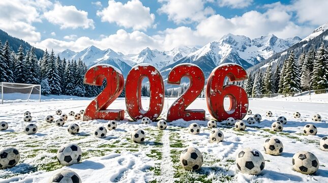 Snowy soccer field with 2026 sign and soccer balls