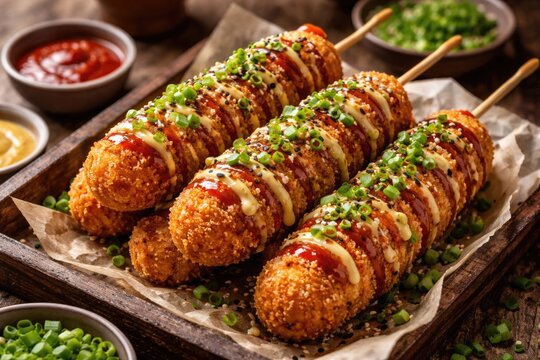 Food photography of crispy Korean corn dogs topped with green onions and seeds