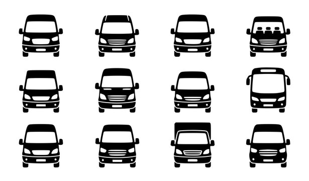 Black Van and Minibus Silhouette Icon Set Front View Transportation Vector Collection