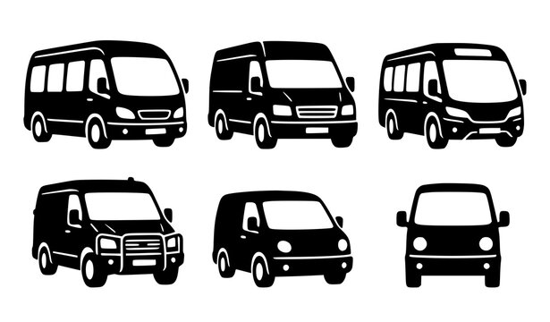Minimal Black Minibus Front View Icons with Commercial Van Vector Illustration Set