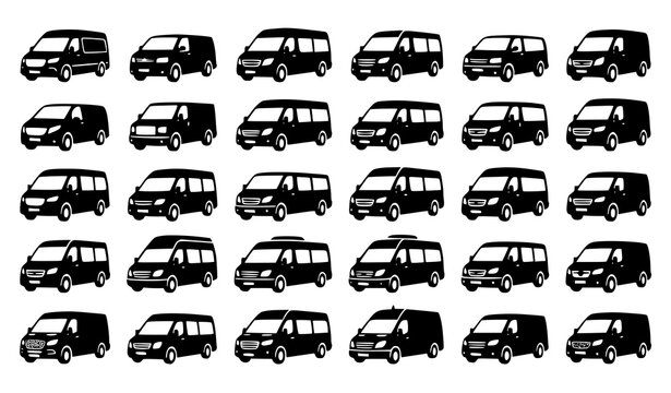 Front View Van Silhouette Vector Icons with Modern Minibus Transportation Graphics
