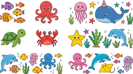 Cute Kawaii Sea Creatures Vector Sticker Set with Smiling Whale Dolphin Octopus Turtle Crab Jellyfish and Starfish for Kids Design © Roymohan