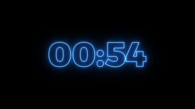 Abstract glowing neon 01 minutes to 0 second countdown. One minute countdown timer animation on transparent background with alpha channel. Glowing 4K countdown animation.