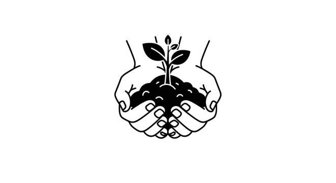 Minimalist hands holding soil with a growing plant sapling
