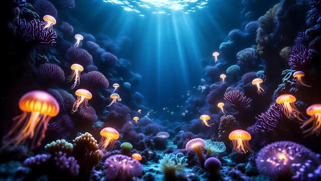 Vibrant underwater scene with glowing jellyfish floating among colorful coral reefs and marine plants in deep blue ocean