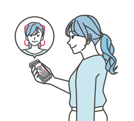 Fototapeta premium スマホで顔認証する女性のイラスト