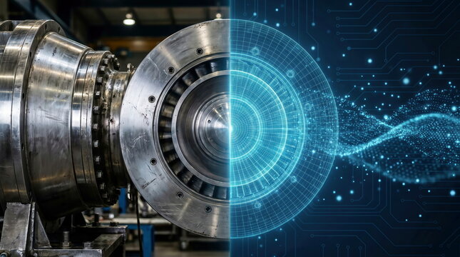 Industrial engineering heavy machinery merging with digital grid structure, factory floor connecting to virtual data stream, Industry 4.0 and technological integration.