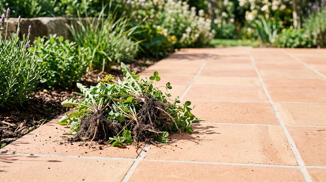 Freshly pulled garden weeds with roots on terracotta patio tiles, backyard maintenance and clean-up.