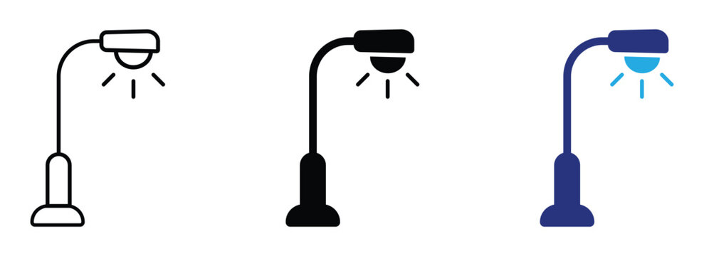 Street lamp icon set with outline, solid and glowing styles. Outdoor lighting, lamp post and road light symbols for city streets, parks, urban design, smart city, night illumination and signage.