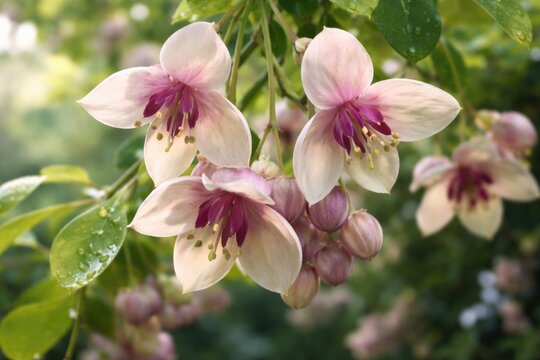 Freshly blooming exotic akebi flowers with delicate stamens