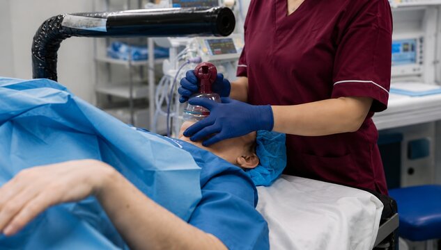 A medical professional in maroon scrubs uses gloved hands to secure a ventilation oxygen mask on a patient preparing for a surgical procedure in an operating theater.