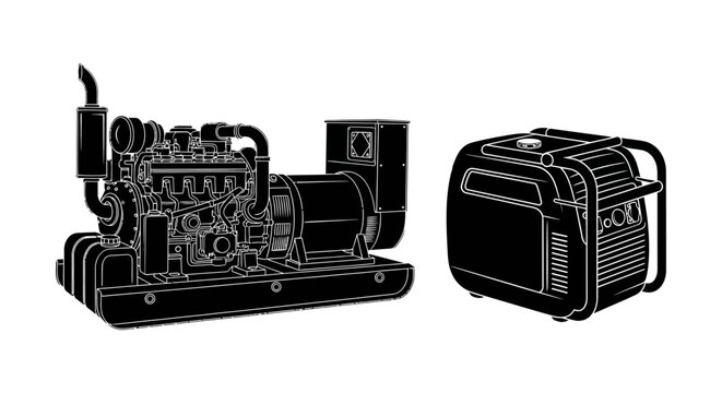 Generator engine and portable generator silhouette on white background