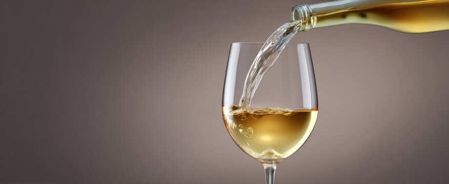 White wine elegantly flows into a crystal glass against a refined light backdrop.