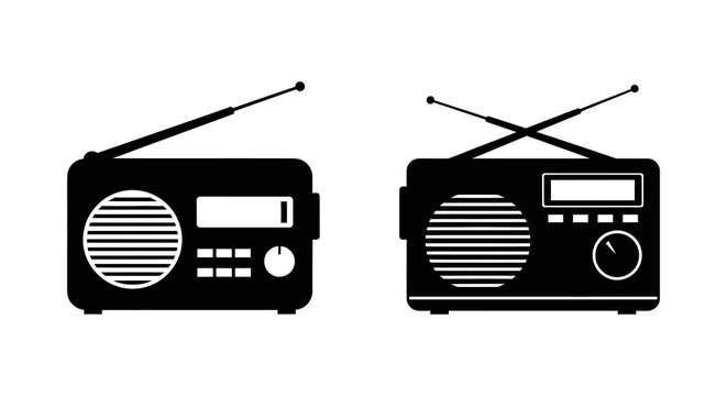 Retro transistor radios silhouette black and white illustration