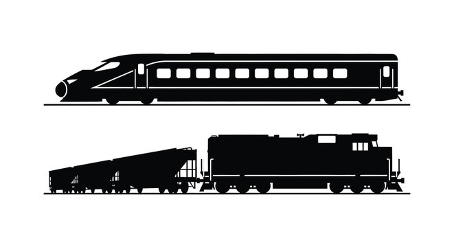 Train silhouette on tracks modern and vintage locomotives