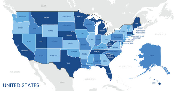 Detailed vector blue map of the United States of America with administrative division into states of the country