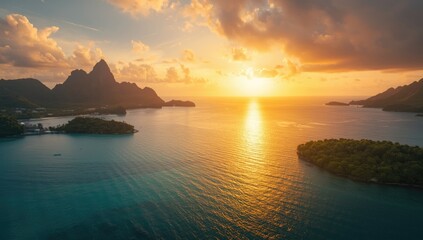 Naklejka premium Captivating tropical seascape with majestic mountains and islands under a radiant sunset
