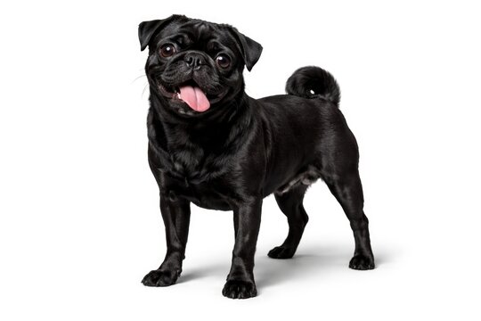playful black pug pet standing in full length against a pure white backdrop