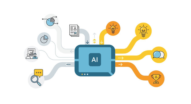Artificial Intelligence AI Data Processing Center Infographic Illustration with Business Inputs and Creative Outputs