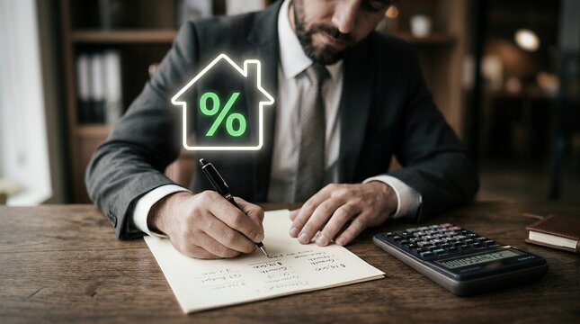 Businessman calculating mortgage interest rates at a wooden desk