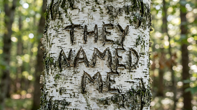 Carved words on birch tree bark celebrating Global Day of Parents woodland scene