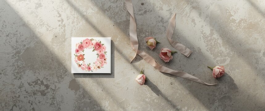 Blush pink floral greeting card with ranunculus and English roses on textured concrete table for birthday and wedding
