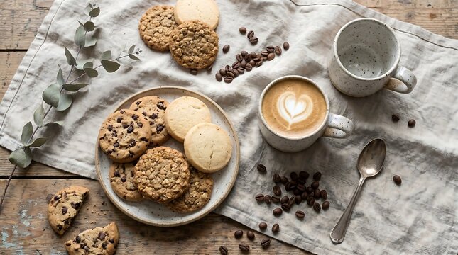 Aesthetic Flat Lay Snack Concept with Coffee Latte Oatmeal Cookies and Copy Space